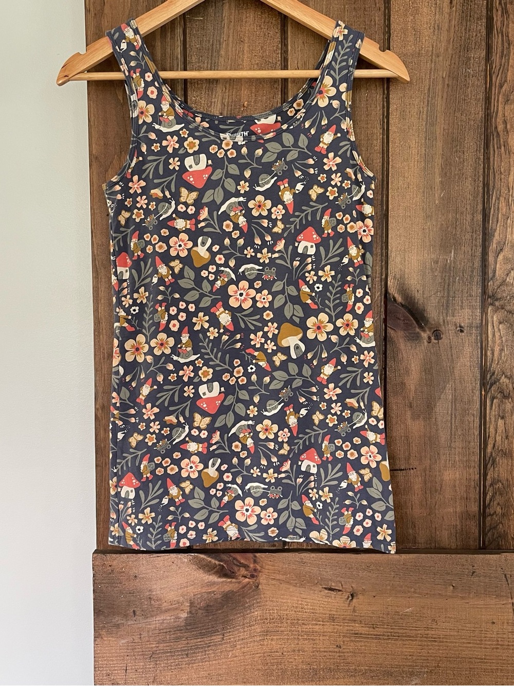 Duluth No Yank Shelf Bra Tank XS Forest Gnomes Whimsical Mushroom Print